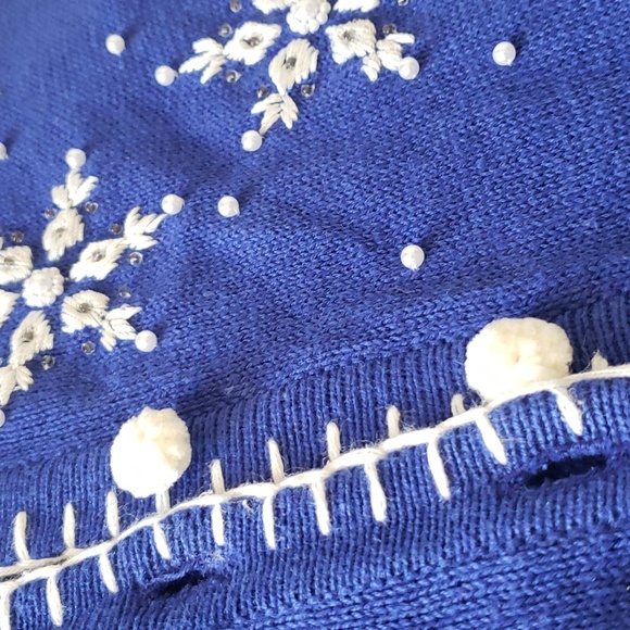 OHI Christmas Blue Sweater Beaded Snowman Snowflakes Detachable Fur Collar Sz XL - Picture 11 of 17